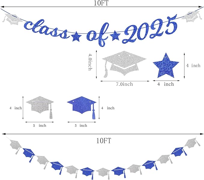 Navy-Blue White-Silver Party-Decoration Graduation Banner - 14pcs Kits Cap Garland Streamers, Royal Paper Tissue Pom Poms Flowers Fans Honeycomb,Class Of 2025 College High School Grad Decor Hugfond