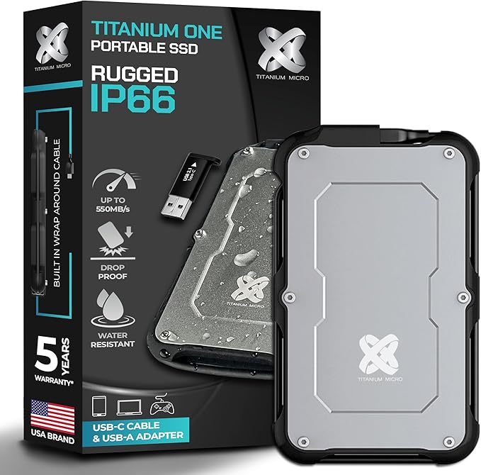 Titanium Micro 8TB External SSD, Titanium One Portable SSD - Up to 550MB/s, USB 3.2 Gen 2 USB-C USBA, Rugged IP66 Water Resistance, Drop Proof, External Solid State Drive Storage for PC Mac Smartphone