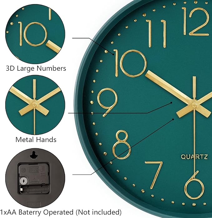 Silent Wall Clocks Battery Operated 8 Inch, Analog Wall Clock with Large Number Tempered Glass Clock Face, Dark Green Quartz Non Ticking Wall Clocks for Living Room Bedroom Kitchen Office