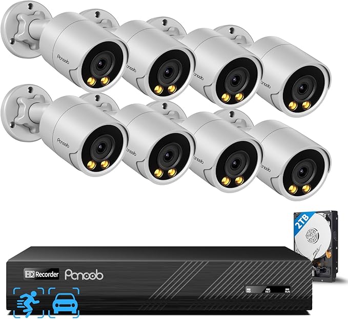 Security Camera System PoE, 8X 5MP Wired Bullet IP Cameras Outdoor Built-in Microphone, AI Human Vehicle Detection, 4K/8MP 8CH NVR with 2TB HDD, Smart Color Night Vision, PB38F0808-5M