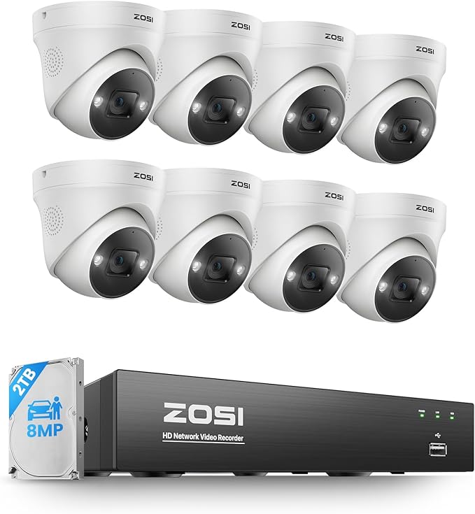 ZOSI 4K Security PoE Camera System with Person Vehicle Detection,8pcs 4K Outdoor Indoor IP Cameras,2 Way Audio,Night Vision,Sound Light Alarm,8 Ports 16CH 8MP NVR with 2TB HDD for Home 24/7 Recording
