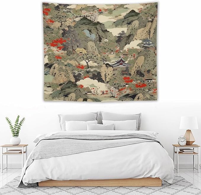 Asian Tapestry,Japanese Red Landscape Asian Watercolor Abstract Art Tapestry, Asian Japanese Wall Tapestry, Nature Landscape Tapestries for Bedroom Living Room Decor 60"x50"