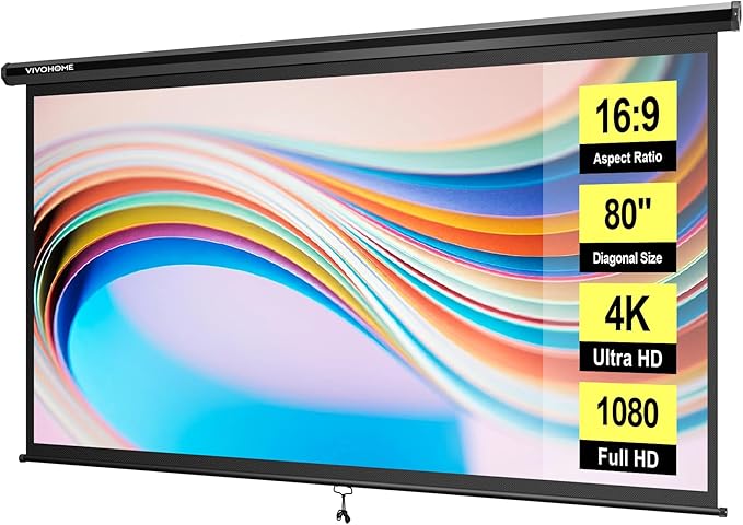 VIVOHOME 80 Inch 16:9 Pull Down Projector Screen, HD 4K Retractable Movie Screen for Indoor Home Theater and Office, Manual Projection Screen with Auto Locking (70Wx40H Inch Display Area)