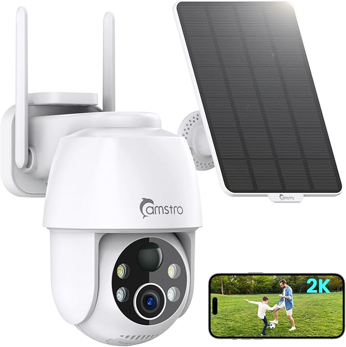 Solar Security Cameras Wireless Outdoor 2K, Self Charged WiFi Cameras for Home Security Battery-Powered, 360°PTZ 3MP Color Night Vision, IP66,Two-Way Audio, Alexa/Google Assistant,2.4Ghz Only