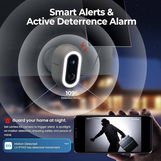 Laview 2K Solar Security Cameras Wireless Outdoor, Rechargeable Battery Wifi Cameras for Home Security with Spotlight Color Night Vision,Siren Alarm,AI Human Detection,IP65,2-Way Talk,Cloud/SD Storage