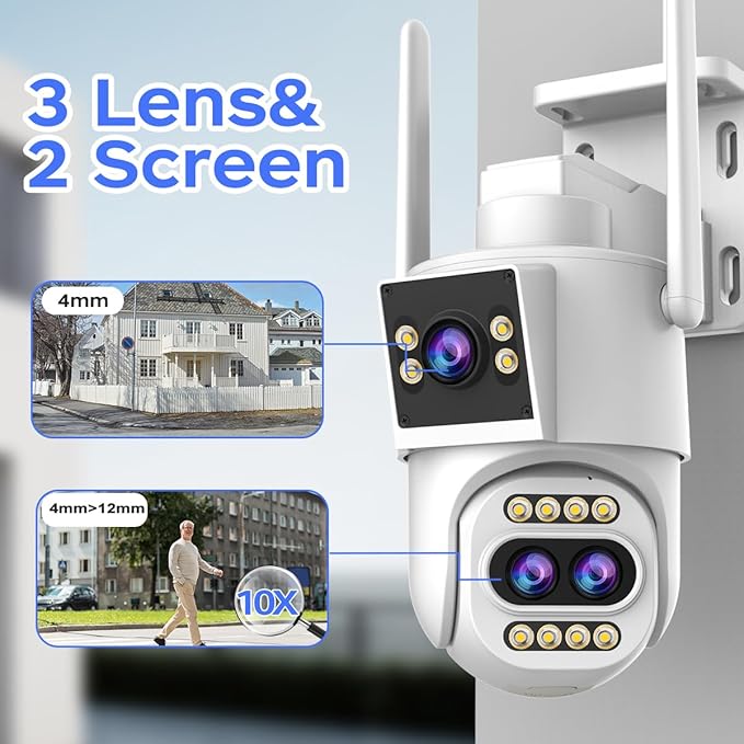JOOAN Outdoor Security Camera 2Kx3 3Lens 2 Screen【10X Optical Zoom & Auto Tracking】 Home Surveillance IP Cam 360°PTZ 2.4G WiFi Wired IP66 Waterproof Motion Alert,8-256G Card/Cloud Storage,Siren Alarm