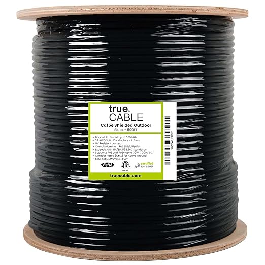 trueCABLE Cat5e Outdoor, Shielded F/UTP, 500ft, UV Resistant, CMX Rated, Black, 24AWG Solid Bare Copper, 350MHz, PoE++ (4PPoE), ETL Listed, Bulk Ethernet Cable