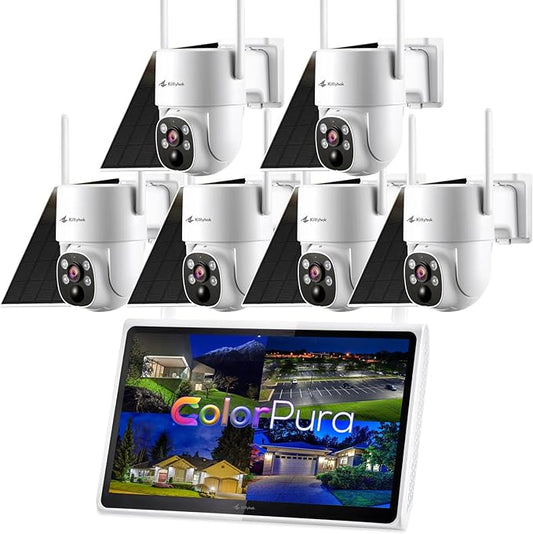 Kittyhok Outdoor Solar Security Camera System Wireless, 6pcs 2K Solar PTZ Security Camera, Pro Color Night Vision, Human Detection, 360 Viewing, 10CH NVR, Local Storage, KSBL40T4 Bundle with BLY4