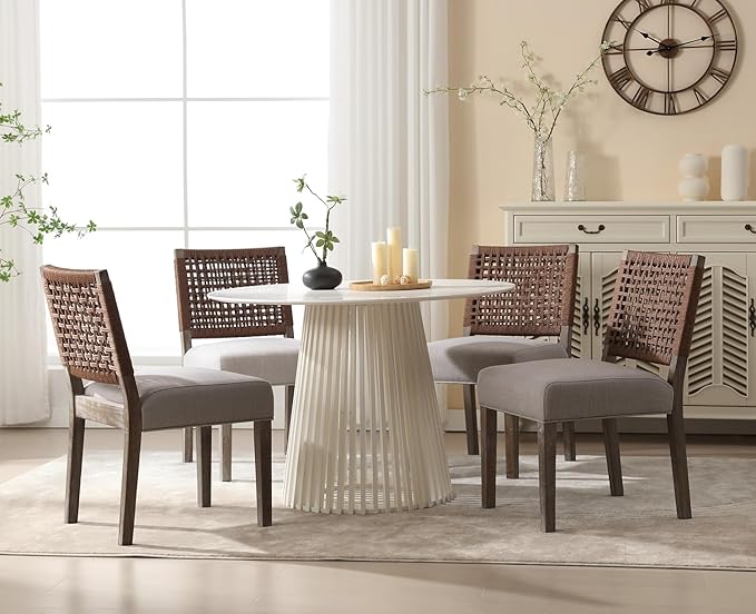 Kmax Farmhouse Dining Chairs Set of 2, Rustic Kitchen Chairs with Linen Fabric Seat and Woven Back, Vintage Accent Chairs for Dining Room, Living Room, Grey