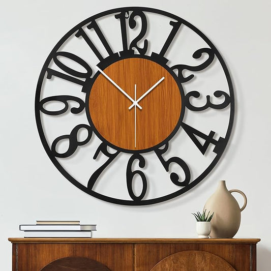 Maxstar Round Wall Clock for Living Room Decor Battery Operated Non Ticking Black Metal Wood Clocks for Home Living Room Garden Office Kitchen Decoration -13 inch