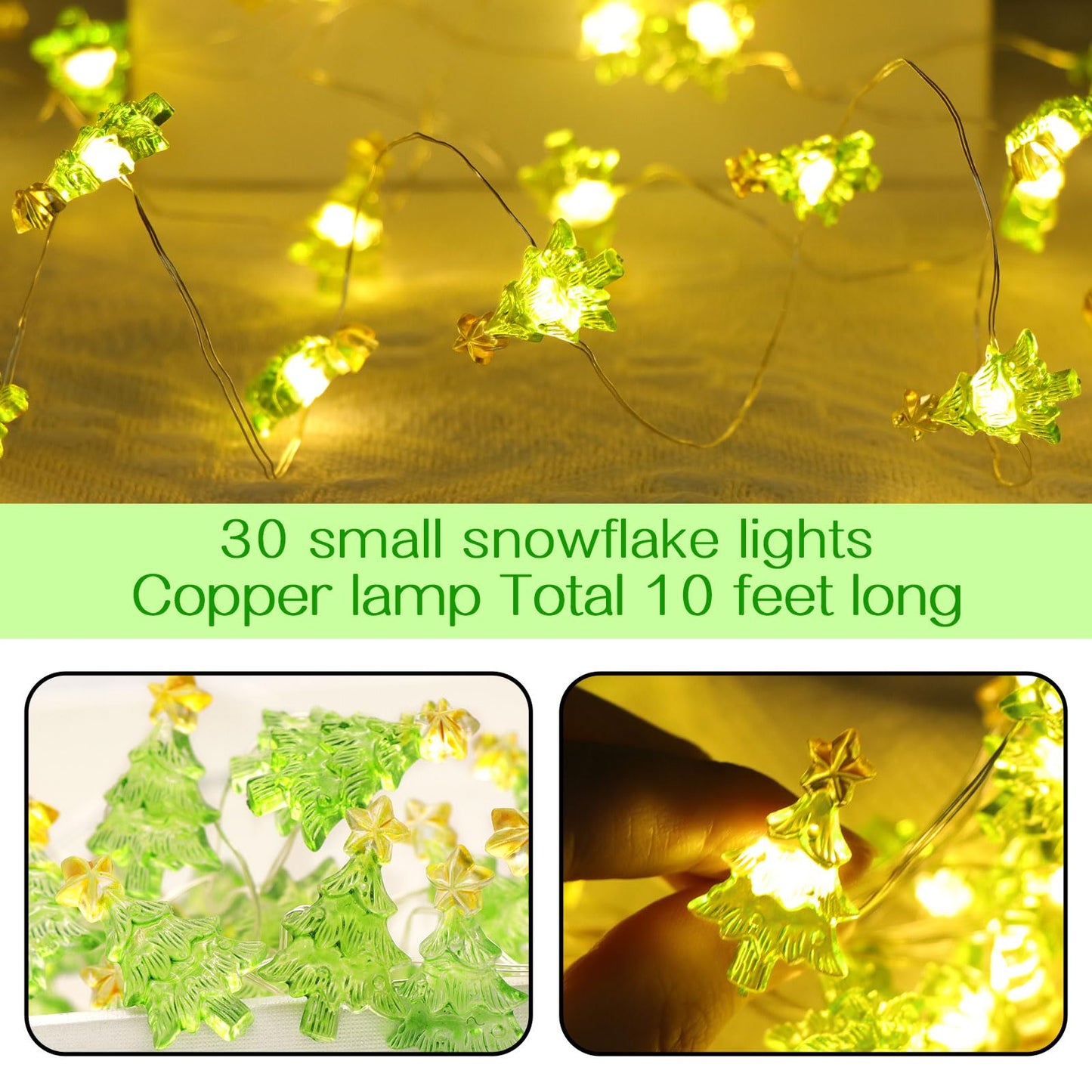 Elsqolro Christmas Tree LED String Lights, 10ft, 30 LEDs, Battery Operated, Copper Wire, Waterproof, Green, Indoor/Outdoor Decor