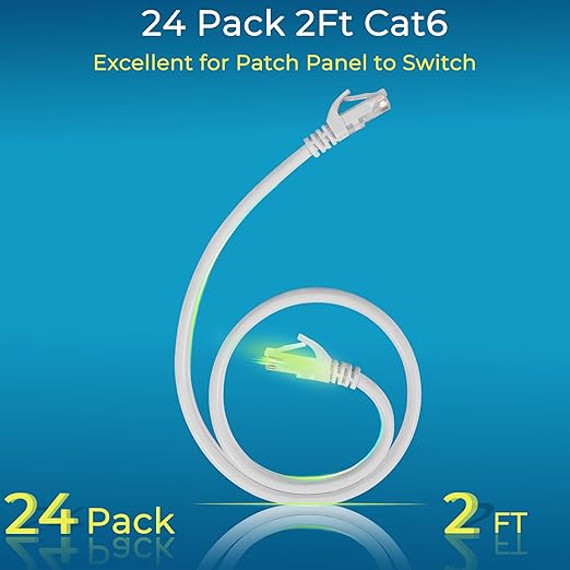Rapink Patch Cables Cat6 2ft (24 Pack), Ethernet Patch Cable 10G Support, Cat 6 Patch Cable for Patch Panel to Switch, Flexiable Cat 6 Ethernet Cable with Gold Plated White