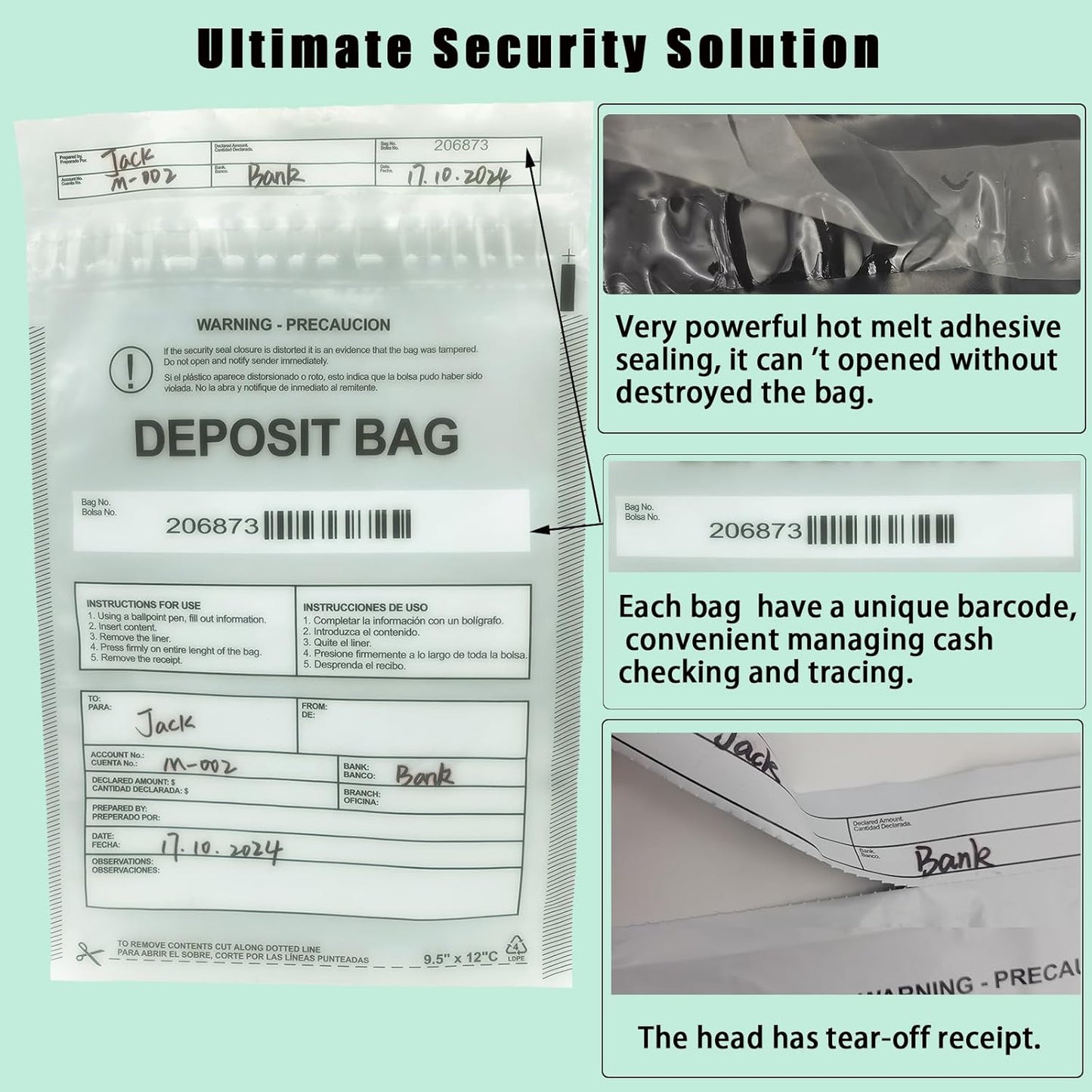 Plastic Deposit Bags 200-Pack Clear 9.5''x 15'', Security Bank Deposits Bags,Cash register bags,Money bag for Cash,Bank Pocket,Tamper-Evident Bag,Unique Barcode