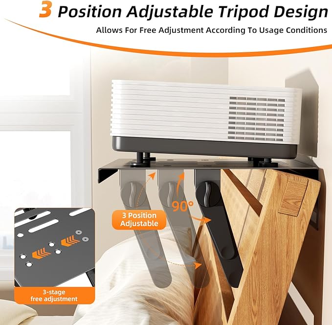 No Drilling Metal Projector Mount, Adjustable Angle Projector Mount Shelf for Sofa and Bedside, Foldable for Storage,Perforated Design for Heat Dissipation,Projector Wall Mount for Living Room