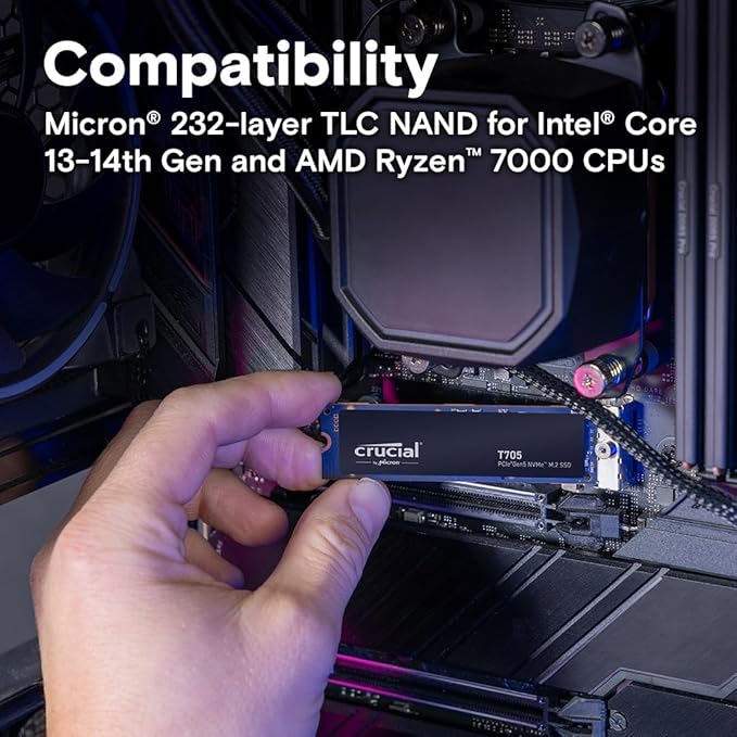 Crucial T705 PCIe Gen5 NVMe 1TB SSD, Up to 13,600MB/s, TLC NAND, Intel & Ryzen Compatible, for Hardcore Gaming & High-Speed Storage, Solid State Drive, Includes 1Mo Adobe CC – CT1000T705SSD3