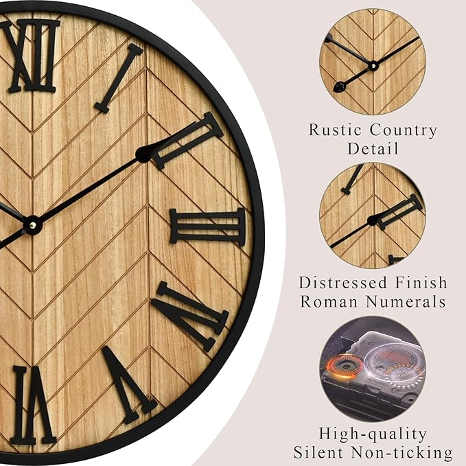 24 Inch Large Wall Clock Farmhouse Style - Brown Silent Non-Ticking Rustic Decor for Living Room, Kitchen, Bedroom