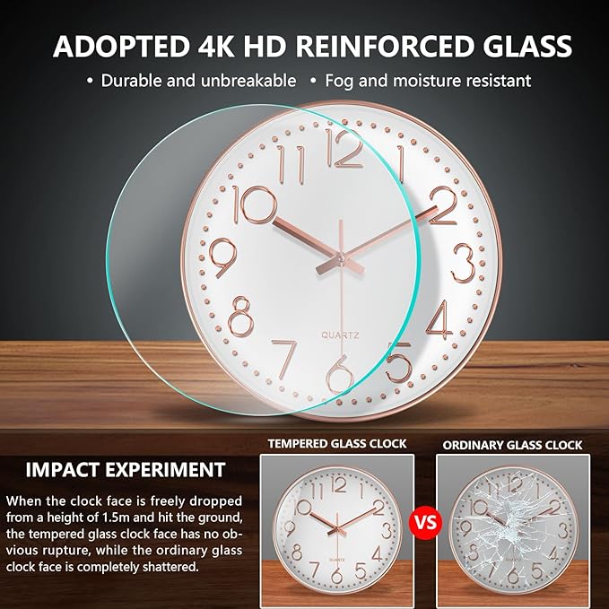 Silent Wall Clocks Battery Operated 8 Inch, Analog Wall Clock with Oversized Number Tempered Glass Clock Face, Rose Gold Quartz Non Ticking Wall Clocks for Living Room Bedroom Kitchen Office
