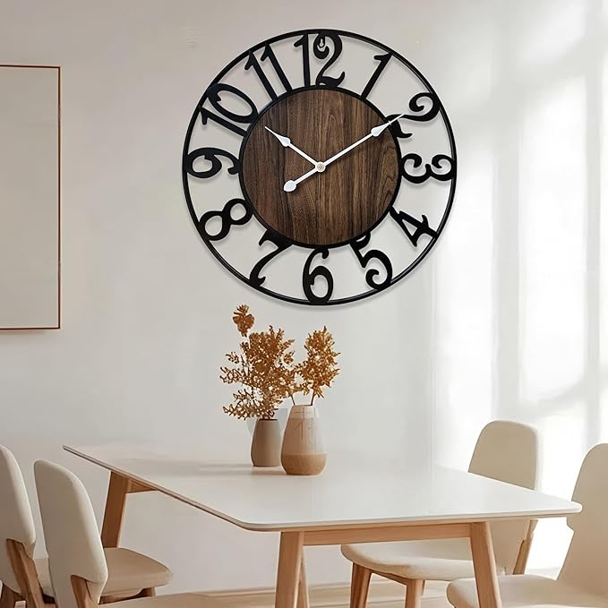 16 Inch Large Wall Clock for Living Room Bedroom Kitchen Mantel Decor, Silent Battery Operated Decorative Non Ticking Metal Round Modern Farmhouse Arabic Numerals Big Clock Wall Decor