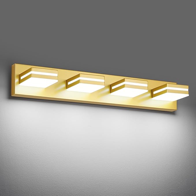 Modern LED Bathroom Lights Fixtures(4-Light),Metal Gold Acrylic Wall Lighting,Vanity Lights for Bathroom Over Mirror(6000k 27in)