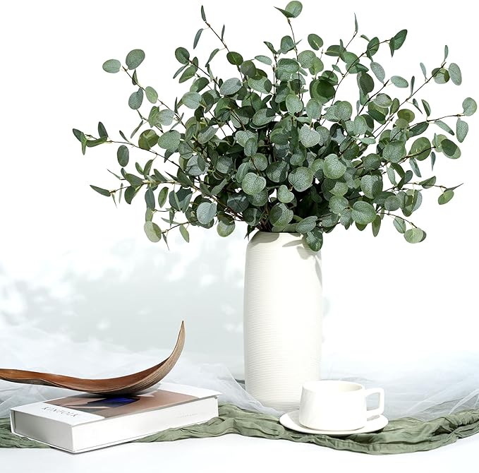 8Pcs Faux Eucalyptus Stems, 27" Artificial Eucalyptus Plants with White Frosted Coating, Fake Eucalyptus Decor Silk Greenery Leaves for Wedding Bouquets Home Decor DIY Floral Arrangements
