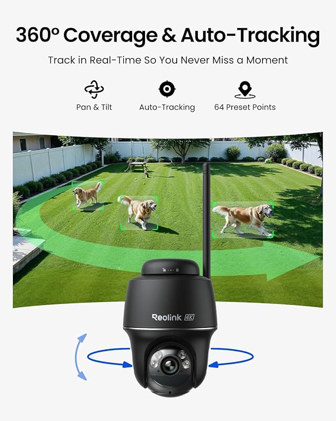 REOLINK 4K Solar Security Cameras Wireless Outdoor, 360° Pan Tilt, 8MP Color Night Vision, 2.4/5 GHz Wi-Fi 6, No Monthly Fee, Home Hub Compatible, Argus PT 4K+ 3W Solar Panel (Black)