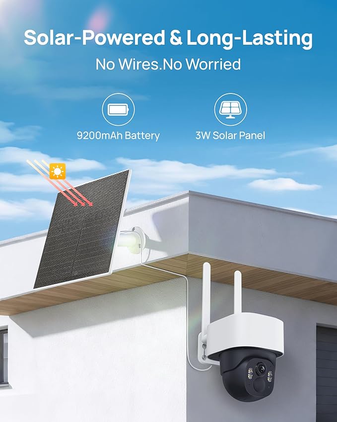 Solar Security Cameras Wireless Outdoor, 3K/5MP PTZ 360° View Battery Powered WiFi Camera for Home surveillance with Motion Tracking, AI Detection, Night vision , 2-Way Audio, IP65, SD/Cloud Storage