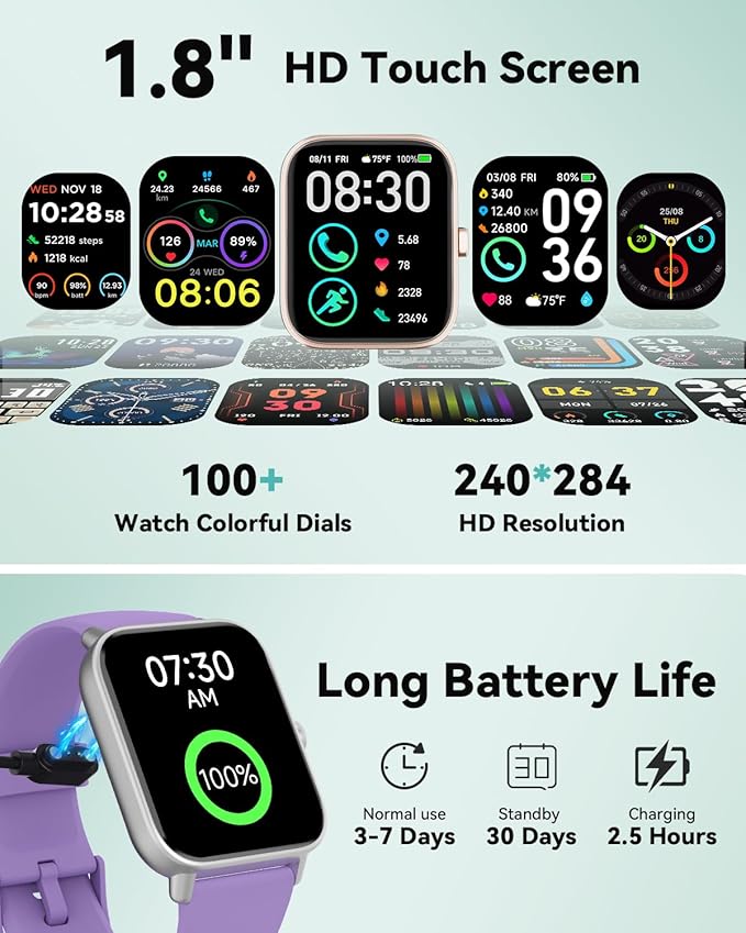Smart Watches for Women/Men, Smart Watch for Android Phones and iPhone Compatible, Alexa Built-in, 1.8" Fitness Watches for Women, IP68 Waterproof /Bluetooth Call, Heart Rate/Sleep Monitor, Purple