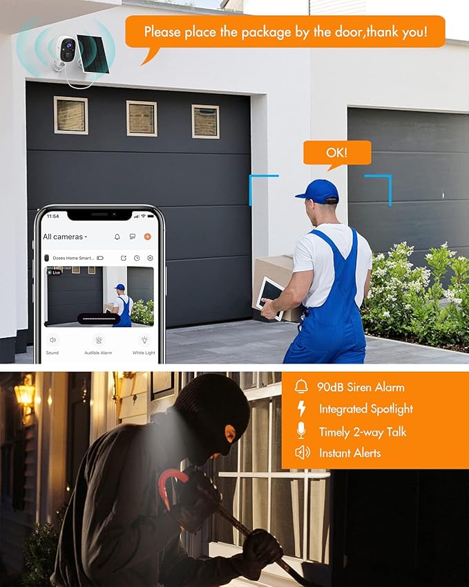 Dzees Solar Powered Security Cameras Wireless Outdoor WiFi, 2K Color Night Vision Outdoor Camera, Wireless Home Security Cameras System with Solar Panel, Spotlight/Alarm, AI Detection, 2-Way Talk