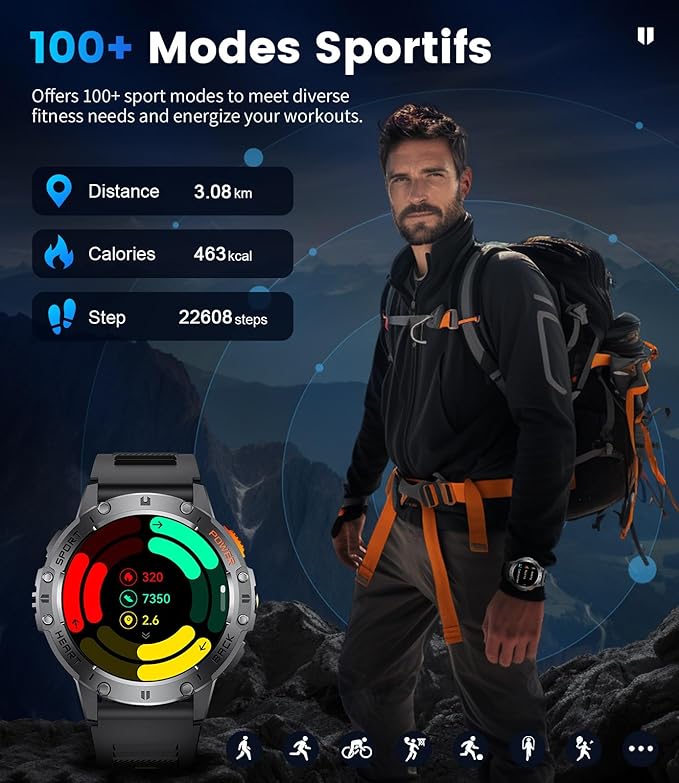 LIGE Military Smart Watch for Men (Answer/Make Calls),1.43’’ AMOLED Smartwatch with Flashlight/530mAh/Pedometer/100+ Sports,5ATM Waterproof Fitness Tracker for Android iOS,2 Straps