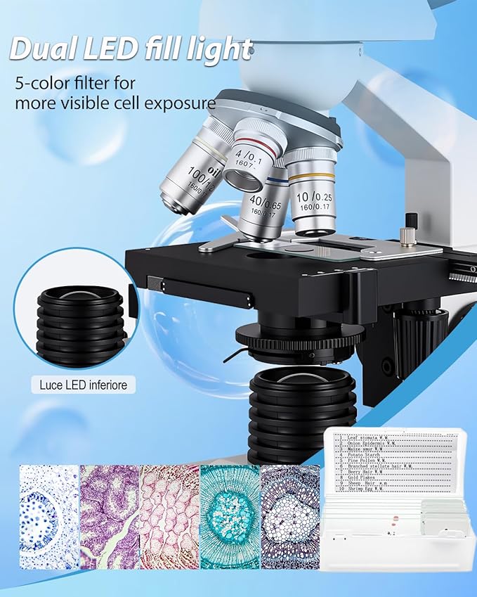 Goldstyle Compound trinocular Microscope, 40x-5000x Magnification, WF10x and WF25x eyepieces, LED Illumination, Adult Microscope for Schools, Home Labs, Children and Beginners