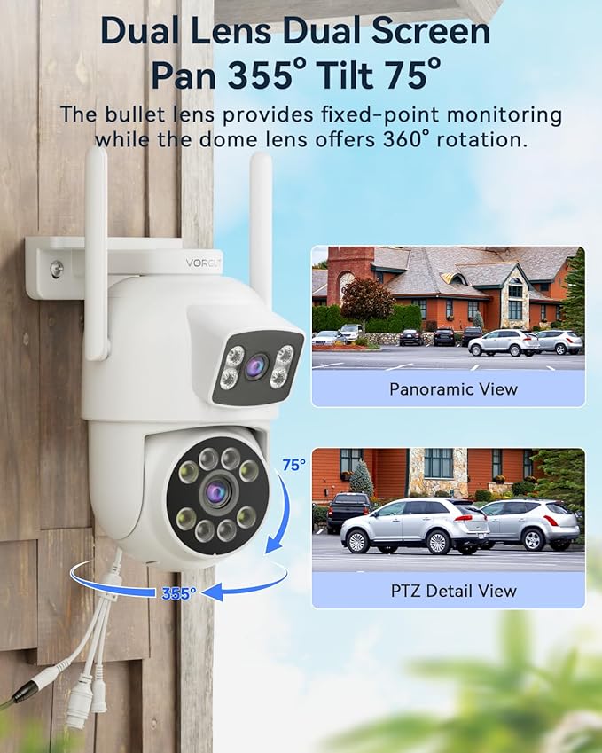 Security Camera System Wireless Outdoor with 12" Monitor, 4pcs 2K Dual Lens Cameras for Home & Business Surveillance, 360° PTZ, 2.4G/5G WiFi, Human Detection, Auto Tracking, 16CH NVR, 500G HDD
