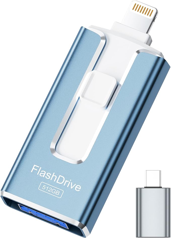 MFi Certified 512GB Flash Drive for iPhone iPad, Photo Stick for External Memory Storage, Easily Back Up and Save Files, USB Memory Stick Thumb Drive for iPhone/iPad/Android/PC (Blue, 512GB)