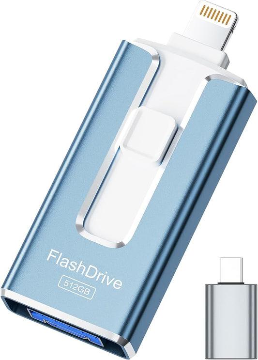MFi Certified 512GB Flash Drive for iPhone iPad, Photo Stick for External Memory Storage, Easily Back Up and Save Files, USB Memory Stick Thumb Drive for iPhone/iPad/Android/PC (Blue, 512GB)