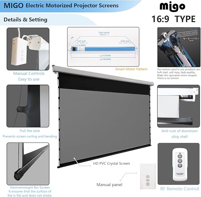 MIGO 150 Inch Pull Down Electric Projector Screen, Grey Crystal 2.0 Gain Partial Ambient Light 4K Tab-Tension Projector Screen Wall & Ceiling Mount for Short Throw Projector Movie Home Theater Cinema