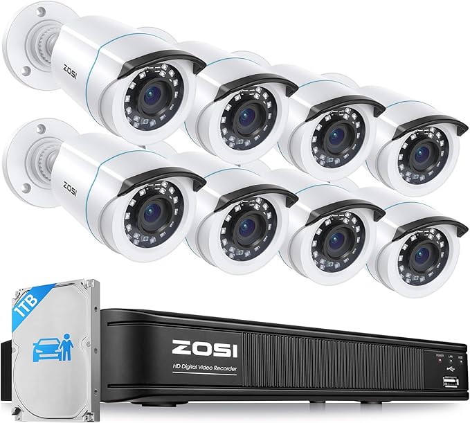 ZOSI H.265+ Home Security Camera System with AI Human Vehicle Detection, 5MP 3K Lite 8 Channel CCTV DVR Recorder and 8 x 1080p Weatherproof Bullet Camera Outdoor Indoor, 80ft Night Vision, 1TB HDD