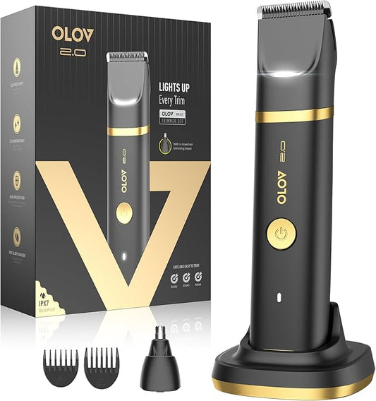 Groin & Body Hair Trimmer for Men - Electric Shaver for Pubic Hair, Chest, Legs - Ball Pubic Groomer, LED Light, Replaceable Ceramic Blade Heads, USB-C Recharge Dock, Waterproof Hygiene Razor