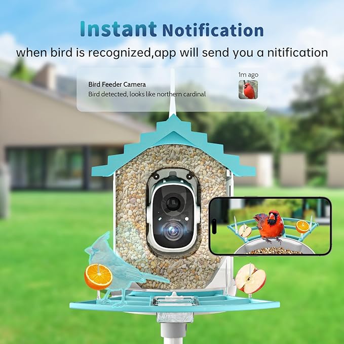 Smart Bird Feeder with Camera Solar Powered & AI Bi rd Identification, 2.4Ghz WiFi Bird feeders for Outdoors, 2K Live Video, Nstant Arrival Alerts - Blue