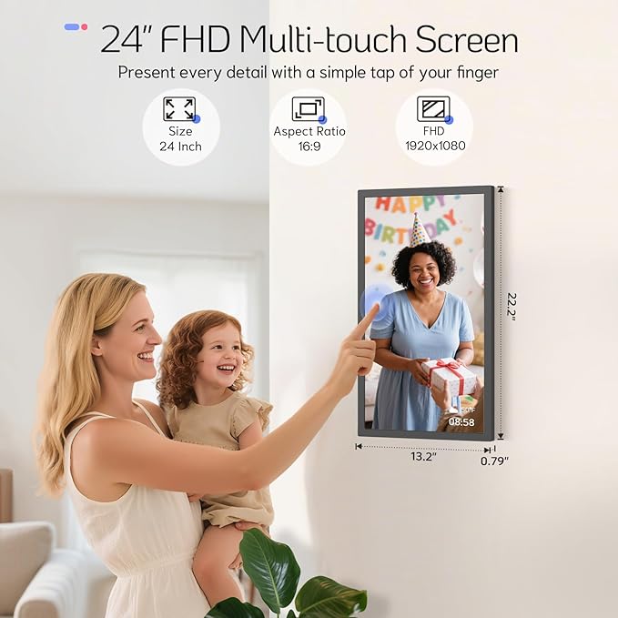 NexFoto 24 Inch Touchscreen Digital Picture Frame Large, WiFi Electronic Photo Frame 64GB, Add Pics from Google Photos, Upload Photos/Videos via App/USB, for Mom/Grandparents, Black