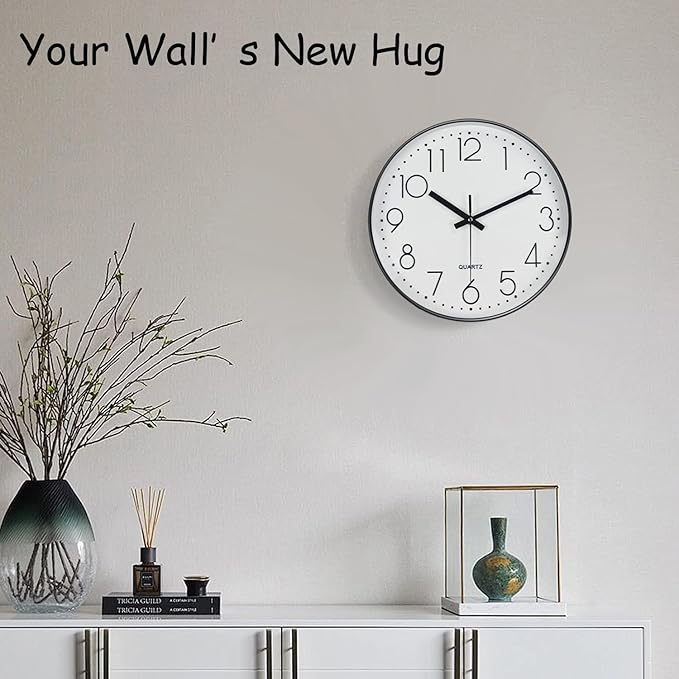 Wall Clock, Silent Wall Clocks Battery Operated 10 Inch Modern Non Ticking Analog Clock with Large Numerals Tempered Glass Clocks for Bedroom, Living Room, Kitchen, Office Decor, White Black