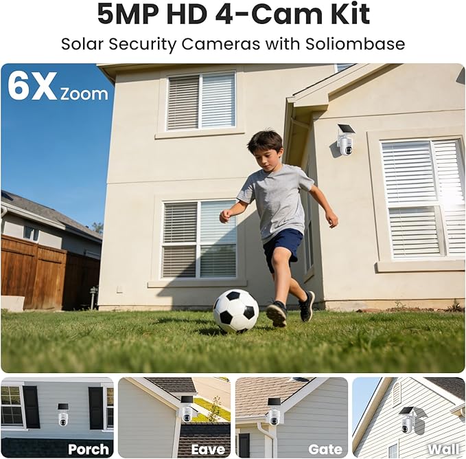 SOLIOM- 5MP Security Cameras Wireless Outdoor, No Subscription,4-Cam Pack, Solar Powered Home Security Camera with 360° Auto Tracking, Pan & Tilt, 3K Color Night Vision,5G & 2.4G Router Compatible