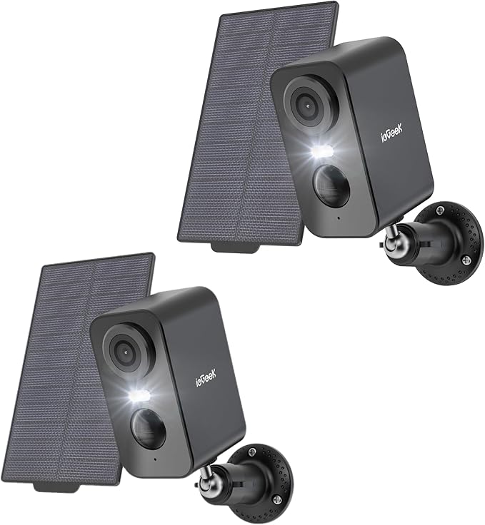 Solar Security Cameras Wireless Outdoor, ieGeek 2 Pack 2K WiFi Battery Camera System for Home Surveillance, Battery Powered Cam with 3MP Color Night Vision, PIR, AI, 2-Way Talk, IP65, Works with Alexa