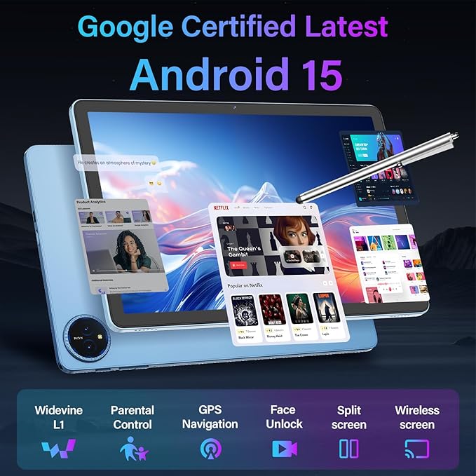 11 Inch Tablet Android 15 Tablet, 2026 Tablets with keyboard, 24GB+256GB+2TB Expand, 2 in 1 Tablets with Case Mouse Stylus, 8000mAh Battery, Octa-Core, Supports Widevine L1, 5G WiFi, GPS (Black Case)