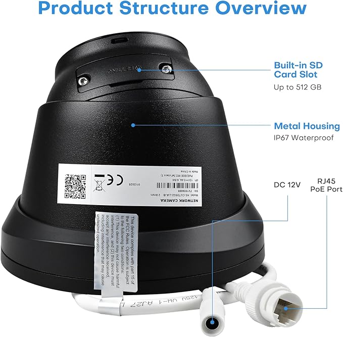5MP IP PoE Camera, Outdoor Turret Camera with Mic/Audio, Hikconnect/SADP/iVMS4200, Smart Color Night Vision, Low Light Starlight, Human Vehicle Detection, 114° FOV, Metal IP67, 512GB SD Slot