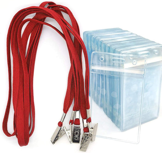 Bird Fiy Lanyards with Id Holder Badges Name Tags 50 Pack Lanyards with Bulldog Clip and 50 Pack Waterproof Clear Plastic Vertical Name Tag Badge ID Card Holders (Red)
