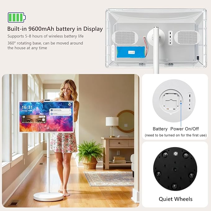 OFD 32 Inch Portable TV on Wheels FHD 1080P,Android15 OS|6GB RAM+128GB Storage|EDLA-Certified,Rolling TV Touchscreen Monitor,Built-in 9600mAh Battery|2K Webcam|Remote Control|Speaker,Fully Rotatable