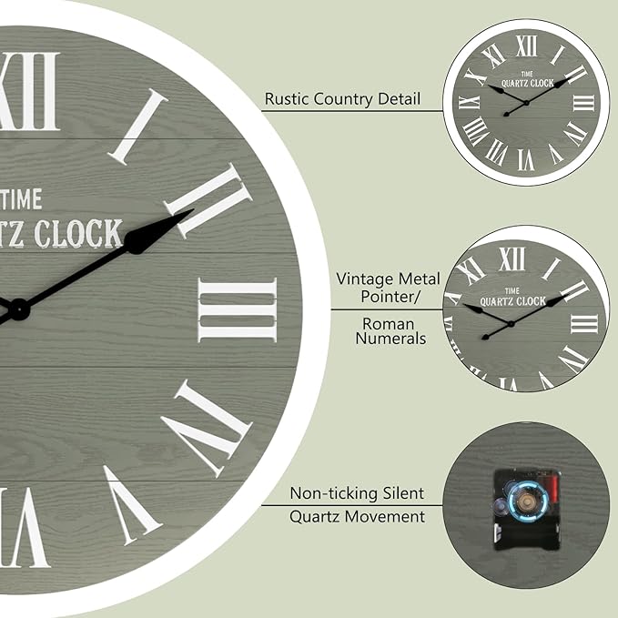 ARTPOWER Large Farmhouse Wall Clock, 35.5” Shiplap Wall Clock with Roman Numeral, Nearly Non-Ticking, Round Wall Clocks for Living Room Decor, Office, Bedroom, Entrance, Sage Green