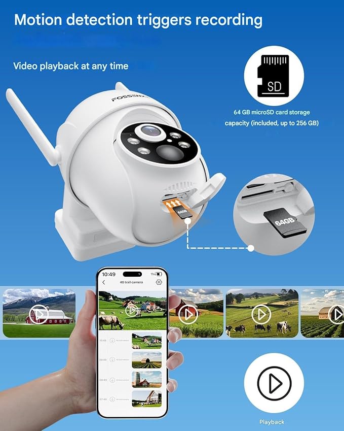 4G LTE Cellular Security Camera Includes 64GB Memory Card & SIM Card(Support Verizon/AT&T/T-Mobile), No WiFi Security Camera Solar Powered with 360° Live View, 2K Color Night Vision