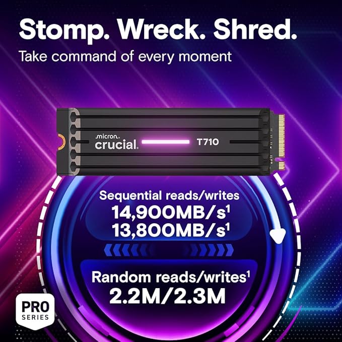 Crucial T710 PCIe Gen5 NVMe 1TB SSD – Heatsink, Up to 14,900 MB/s, Laptop & Desktop Compatible (PC), for Creatives and Hardcore Gamers, Solid State Drive, Includes 1Mo Adobe CC – CT1000T710SSD5-01