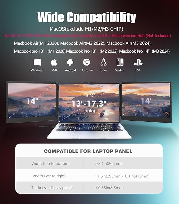 KEFEYA Laptop Screen Extender, 14" Portable Monitor for Laptop, 1440P QHD Triple Screen Monitor Extender for 13"-17" Laptops, HDMI/USB-C for MacBook, Windows, Chrome, Switch, Plug & Play