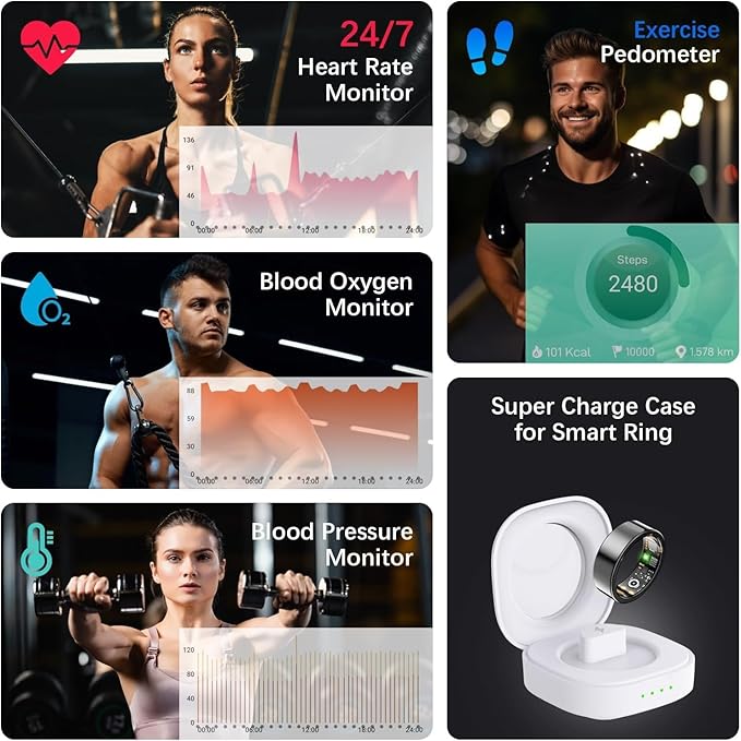 Health Tracker Ring, Smart Health Ring for Women Men with Heart Rate, Blood Oxygen, Sleep Monitor, Steps,Calories, No Subscription Fee, IP68 Waterproof Smart Ring for iPhone & Android (Black, 7#)
